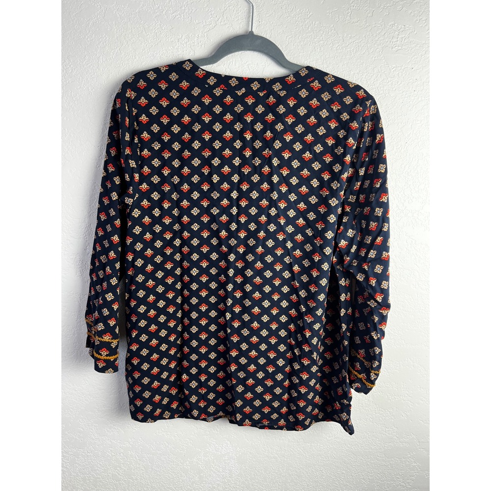 J.Jill Geometric Print Split Neck Blouse Size Medium Navy Yellow Boho Careerwear - Picture 7 of 9